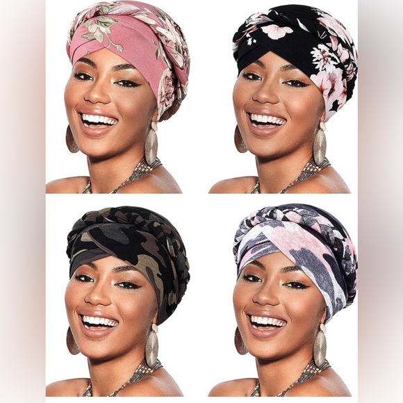 4 Pieces African Women Turban Cap Beaded Headscarf Beanie Twisted Braid Wrap Hat